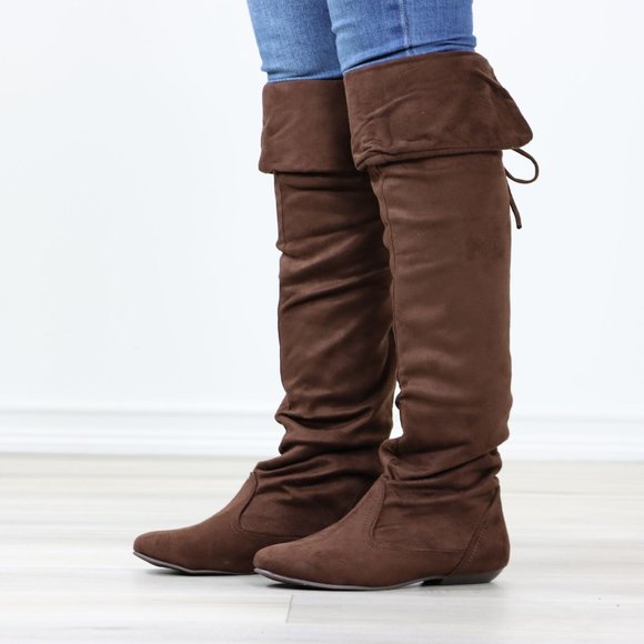 Fold Over Brown Thigh High Over The Knee Flat No Heel Boots Faux Suede Pointed - Picture 13 of 14